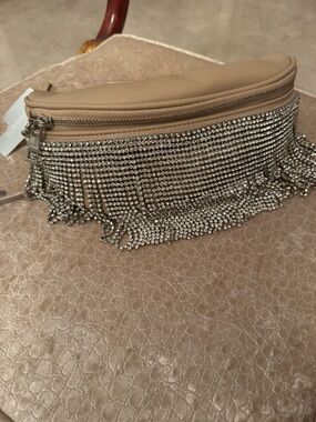 Beige Rhinestone Fringe Belt Bag - Women